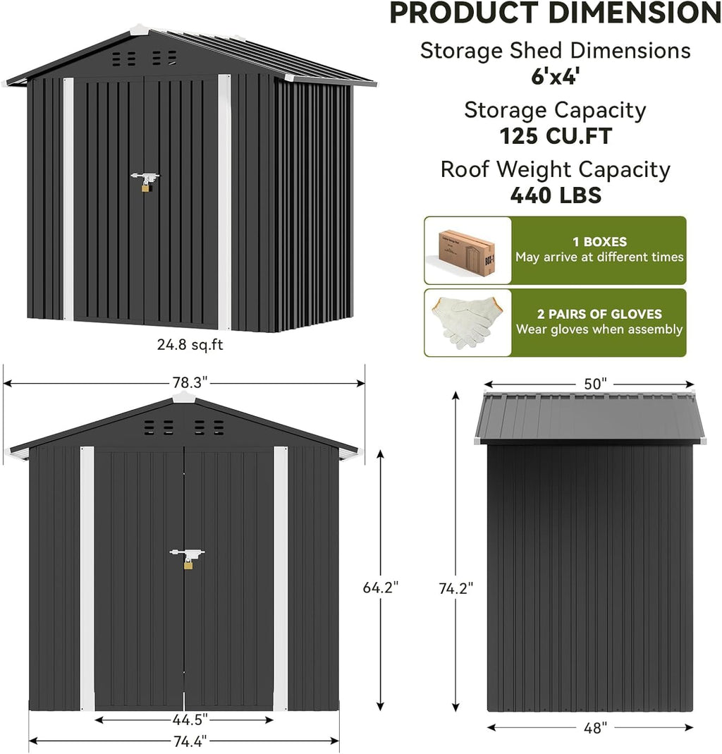 COMHOMA Shed Outdoor Storage Shed Metal,Lockable Doors Tool Sheds with Sloping Roof,Steel Garden Shed with Air Vent for Backyard,Patio,Lawn,Poolside (Grey, 6'*4')