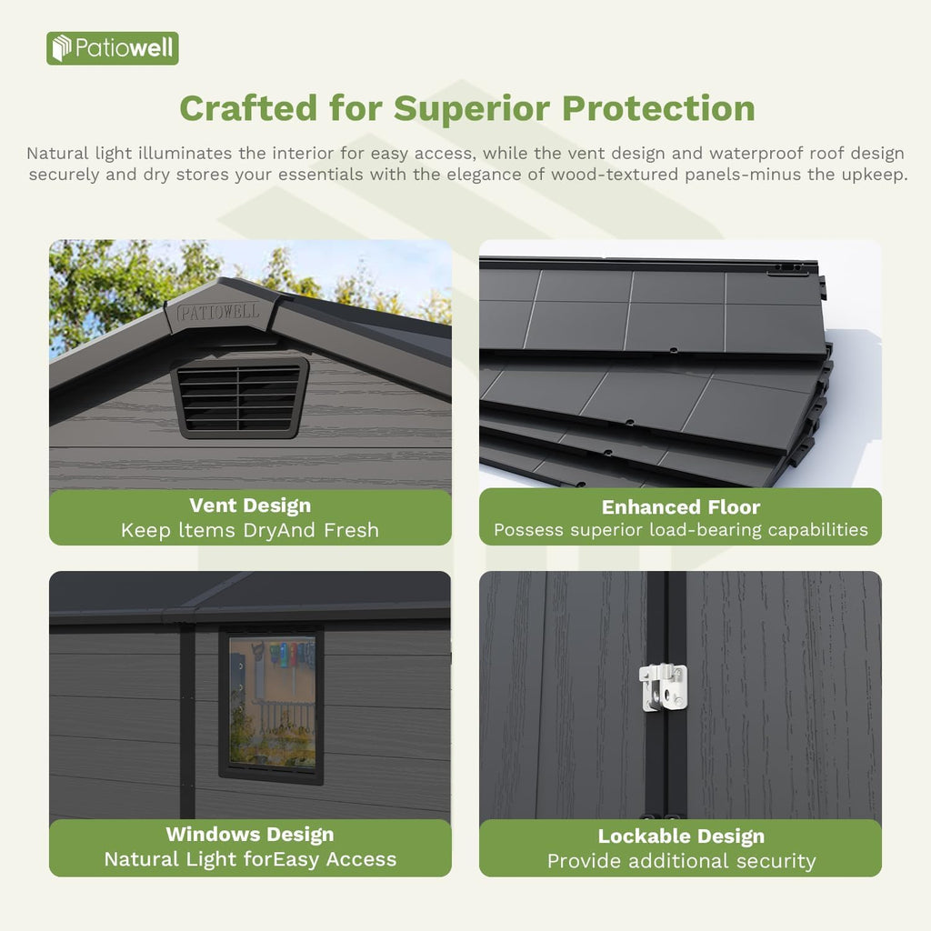 Patiowell 6x10 FT Outdoor Plastic Storage Shed with Floor - Lockable Resin Tool Shed, 2 Windows, Easy Assembly for Garden/Backyard (Dark Grey)