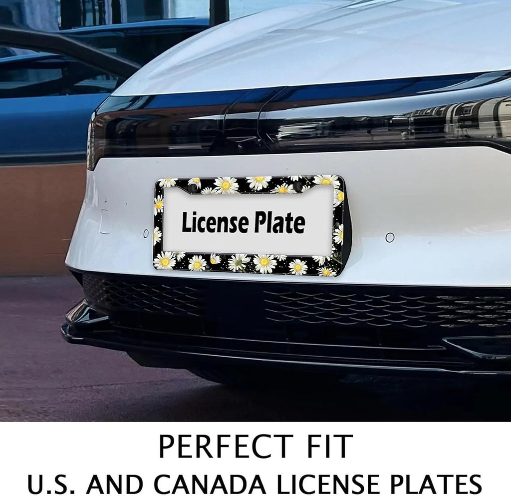 Daisy Flowers Car License Plate Frame, Flowers Print Tags Frames Holder Covers, Metal Aluminum Rustproof Car Accessories US Canada Standard with Screws for Women Men 6x12 Inch 2 Holes