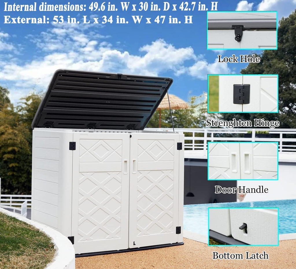 ADDOK 2SG Larger Horizontal Storage Shed Wood-Like, 4.4 x 2.8 ft Outdoor Storage Cabinet Lockable, Thick Resin Storage Unit for Trash Cans, Yard Tools（38 Cu.ft