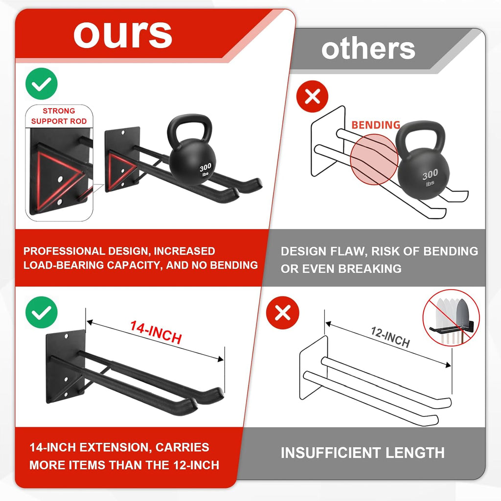 14" Large Heavy Duty Garage Hooks, 4-Pack Steel Garage Storage Hooks with Support Rods, Utility Wall Mount Hangers for Power Tools, Car Tires, Ladders, Chairs, Garden Tools and More