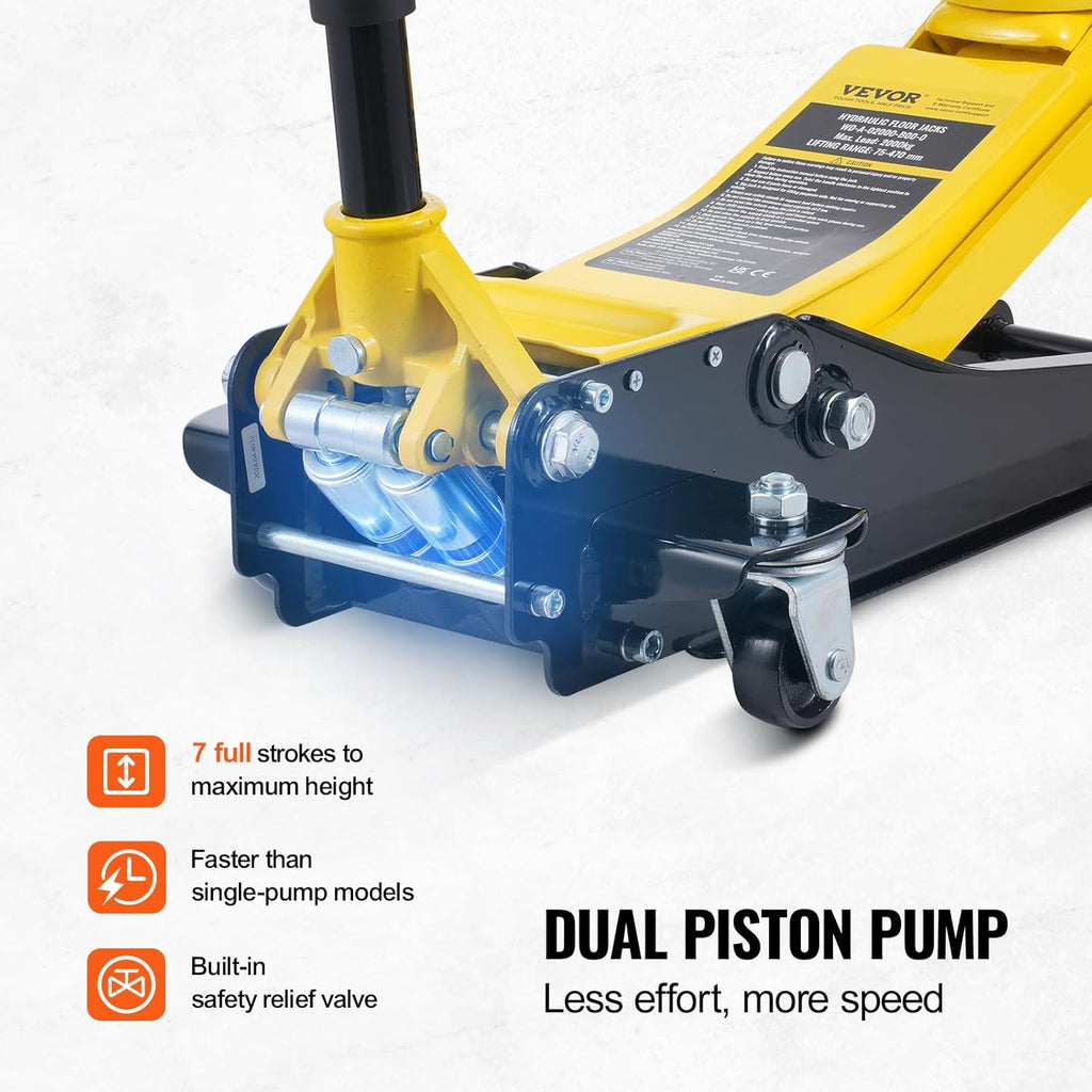 VEVOR Low Profile Floor Jack 2 Ton (4400 lbs), Heavy Duty Iron Hydraulic Racing Floor Jack, Hydraulic Car Jack, Dual Piston Quick Lift Pump, 3"-18.5" Height Lifting Range (Yellow)