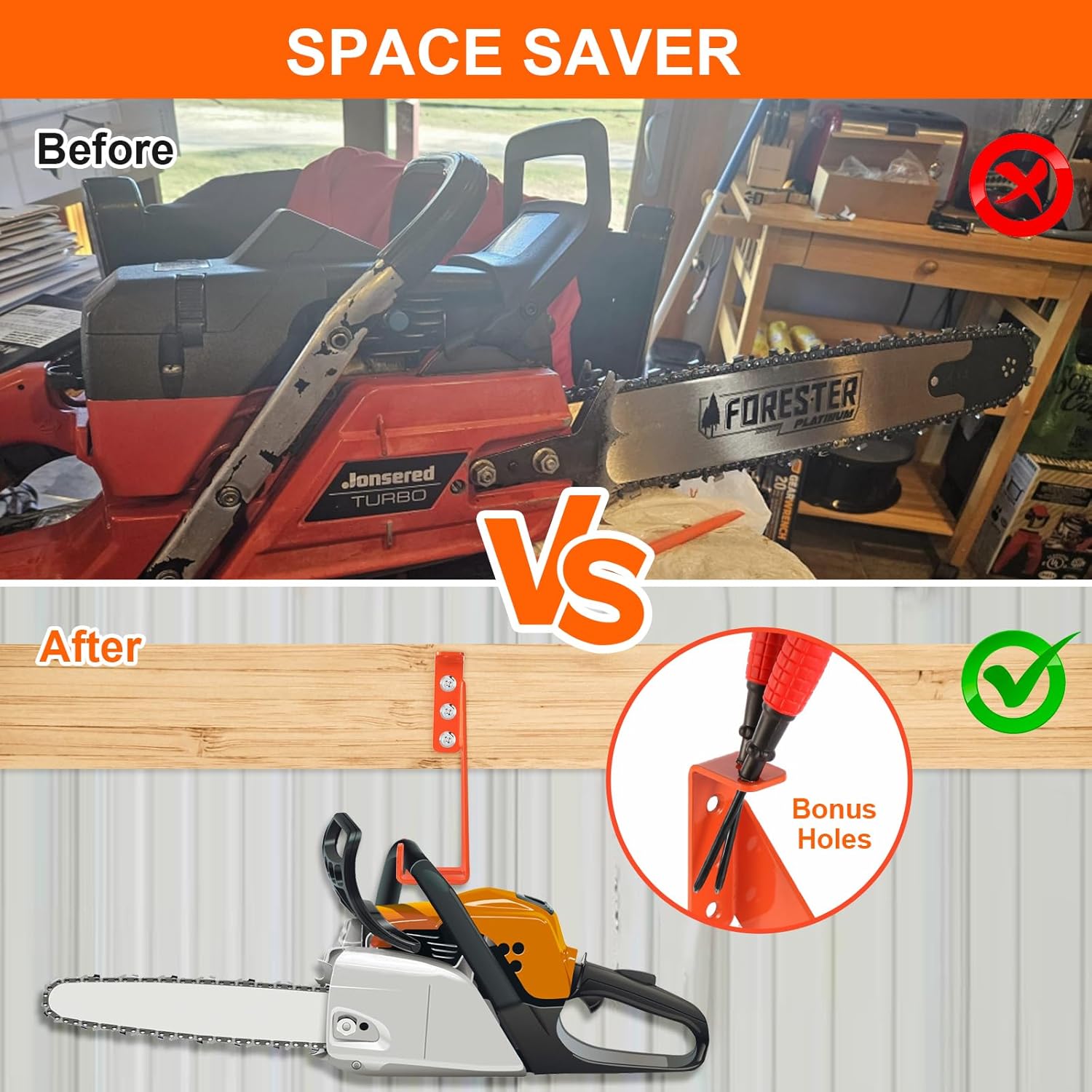 3 in 1 Chainsaw Holder 10" - Heavy Duty Chainsaw Wall Mount, 10 Gauge Steel Chain Saw Hanger for Garage Organization, Hefty Rack Storage Organizer for Chainsaw Accessories and Tools, 180lbs Capacity