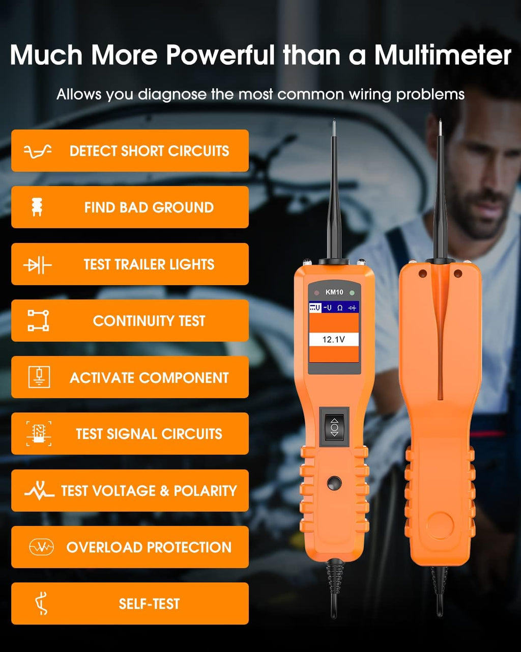 KZYEE KM10 Power Circuit Probe Kit, 12V 24V Automotive Circuit Tester, Digital Multimeter, Short Finder, AC/DC Voltage Tester, Diode & Resistance, Current Probe Component Activation, 20FT+20FT Cable