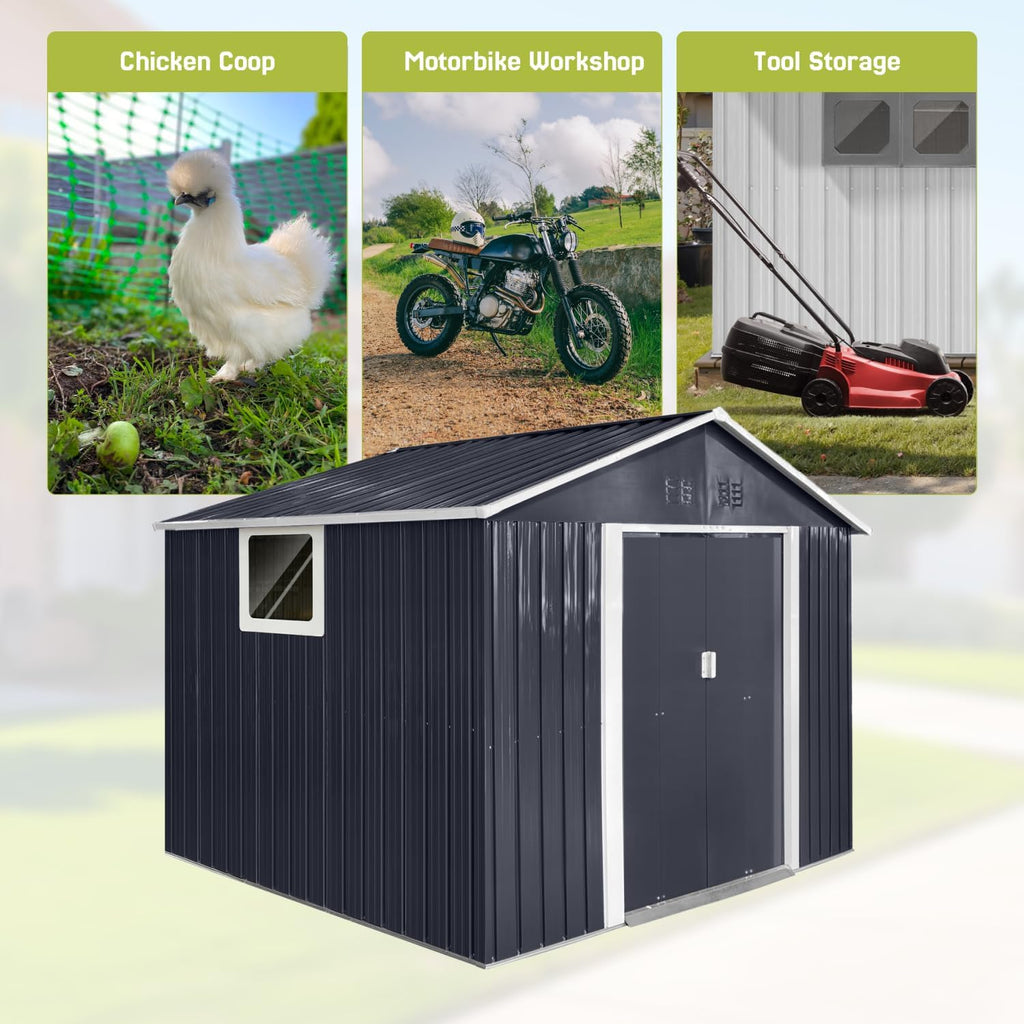 9 x 8.5 Ft Outdoor Storage Shed, Heavy-Duty Metal Shed with Windows & Secure Lockable Doors, Ideal Storage Shed for Outdoor, Patio, Garden, and Backyard, Anthracite