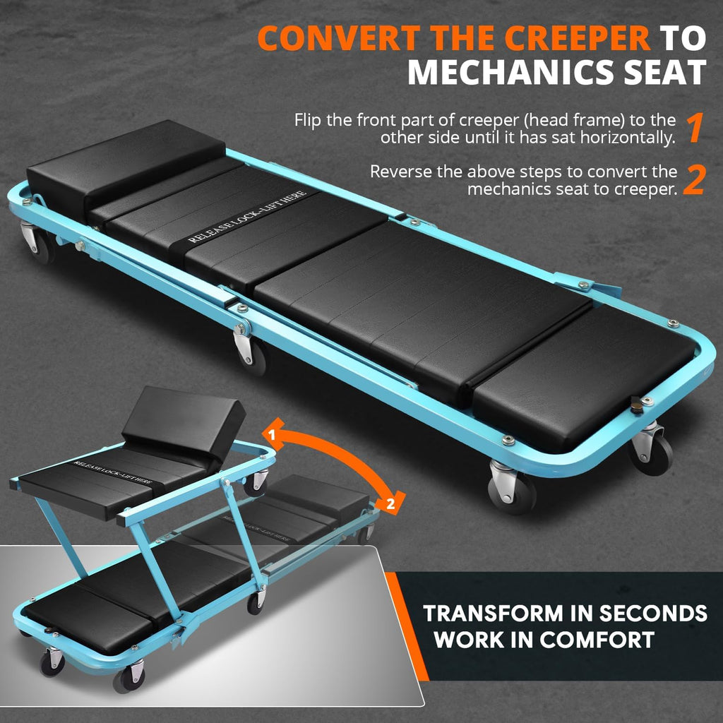 DNA MOTORING 48" 2 IN 1 Folding Rolling Garage Shop Creeper Roller Seat, 7 Pcs 2" Casters, 350 Lbs Weight Capacity, Tiffany Blue, TOOLS-00193-TB