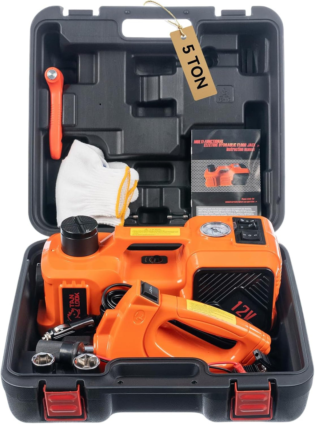Electric Car Jack Kit with Hydraulic Lift 5-Ton, Tire Inflator & Impact Wrench Heavy-Duty 12V Floor Jack for Sedans,SUVs,MPVs & Trucks.Ideal for Tire Changes & Garage Repairs (with Electric Wrench)