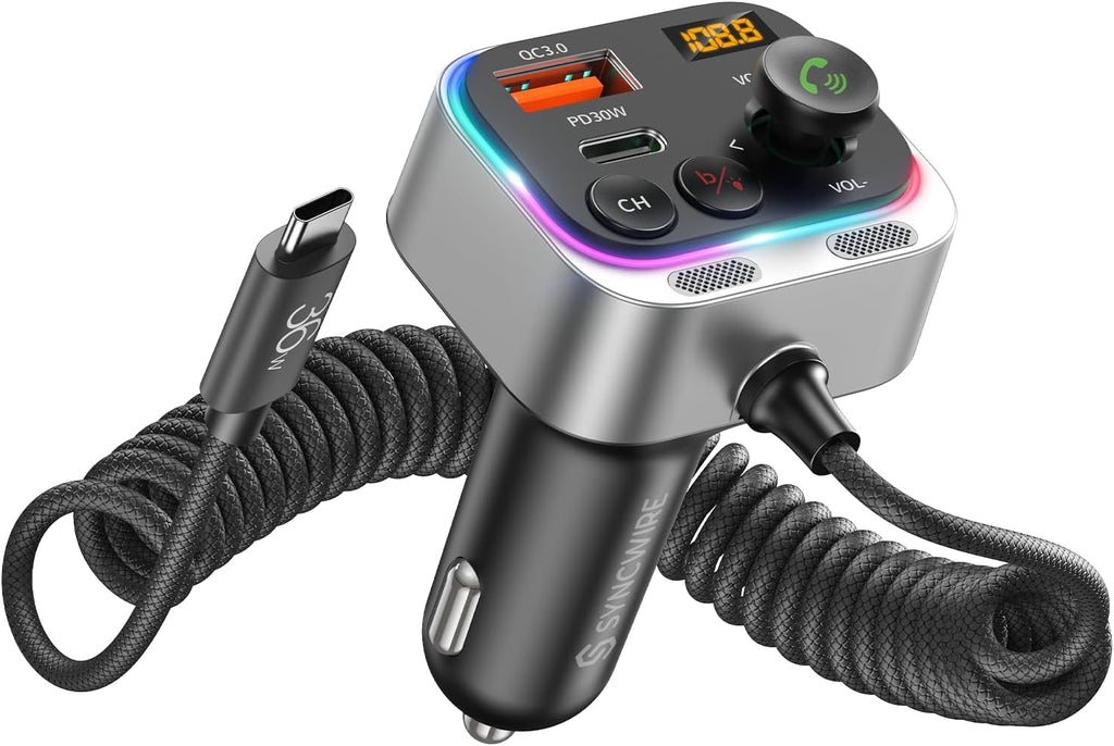 Syncwire Bluetooth 5.4 FM Transmitter Car Adapter 66W PD & QC 3.0 Fast Charging with USB-C Cable Wireless Radio Adapter with Light Control, HiFi Bass, Hands-Free Calling and Strong Mics