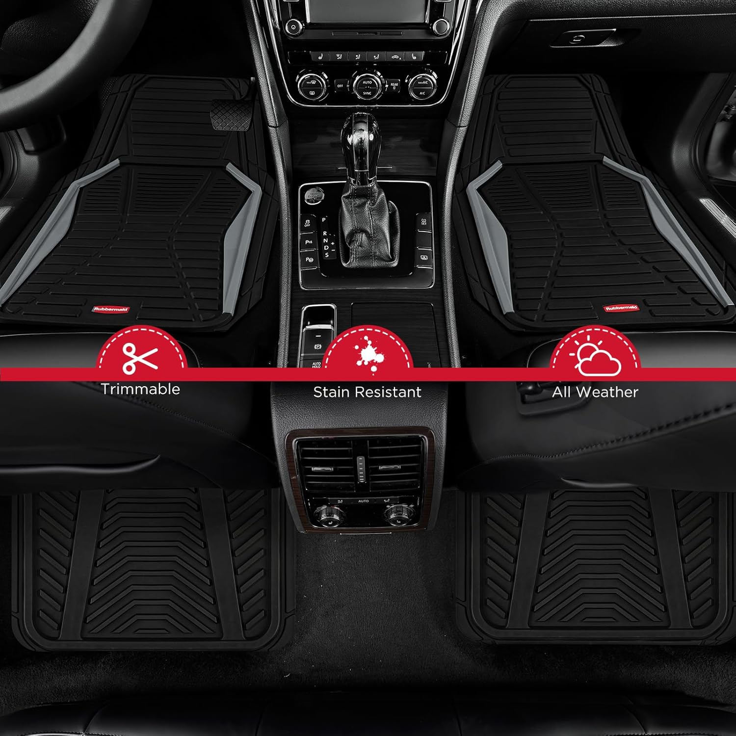 Rubbermaid Car Mat Full Set All-Weather Heavy-Duty 4 Pieces– Trim-to-Fit Universal Car Mats Full Set – Waterproof Rubber Floor Liners for Most Trucks, SUVs, Vans, and Sedans-Gray