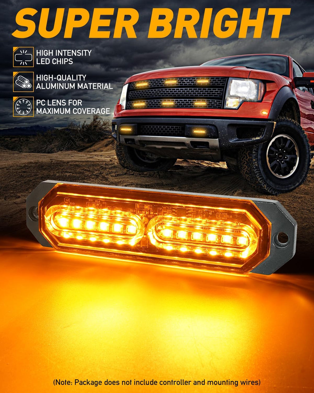 HLauto 1200T Emergency Strobe Grille Lights: 8pcs 12 LED Sync Feature Safety Warning Flashing Lights, Ultra Slim Surface Mount Hazard Caution Lights for Trucks, Vehicles, Car, ATV, UTV (Amber)
