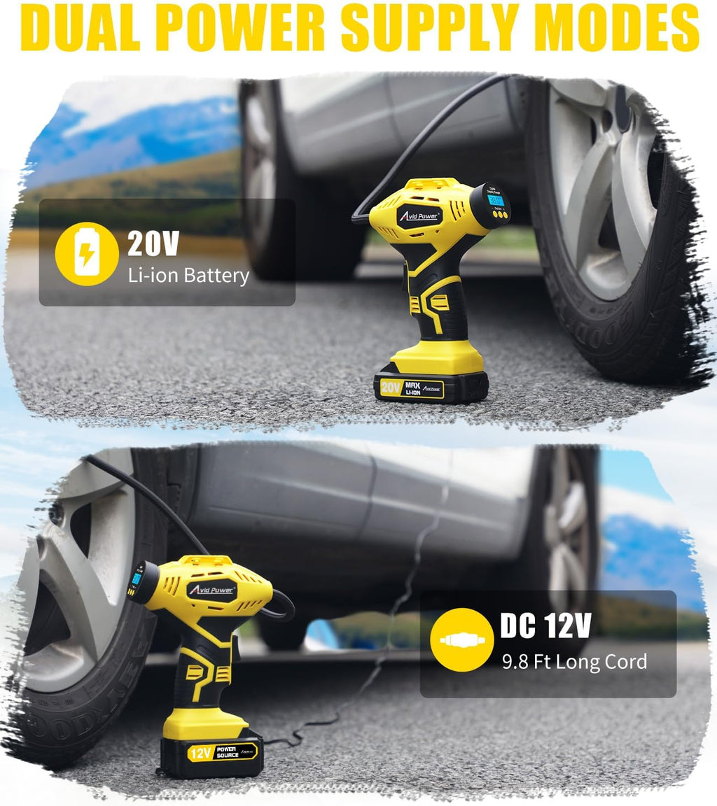 AVID POWER Cordless Tire Inflator Portable Air Compressor, 20V Rechargeable Battery Powered Car Tire Pump w/ 12V DC Adapter, Digital Pressure Gauge, Air Pump for Car, Bike, Motorcycle, Ball