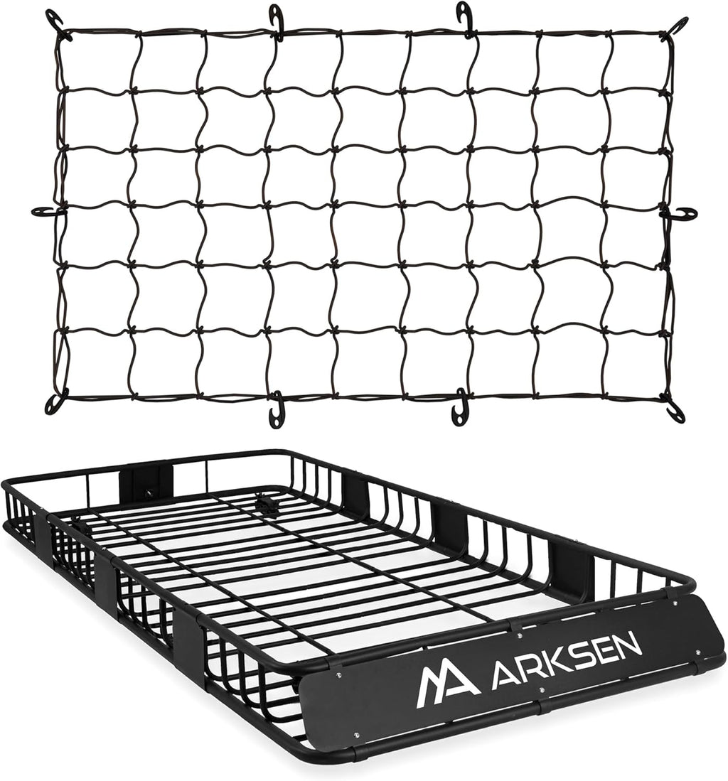 ARKSEN 84 x 39 x 6 Inch Universal 150LB Heavy Duty Roof Rack Cargo with Cargo Net, Car Top Luggage Holder Carrier Basket with Extension for SUV, Truck, & Car Steel Construction