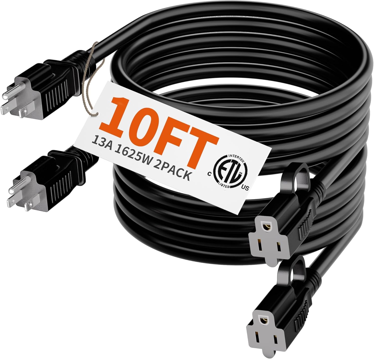 HUANCHAIN 10 ft (2pack) Indoor Outdoor Black Extension Cord Waterproof, 16/3 Gauge Flexible Cold-Resistant Appliance Cord Outside, 13A 1625W 16AWG SJTW, 3 Prong Heavy Duty Electric Cable, ETL