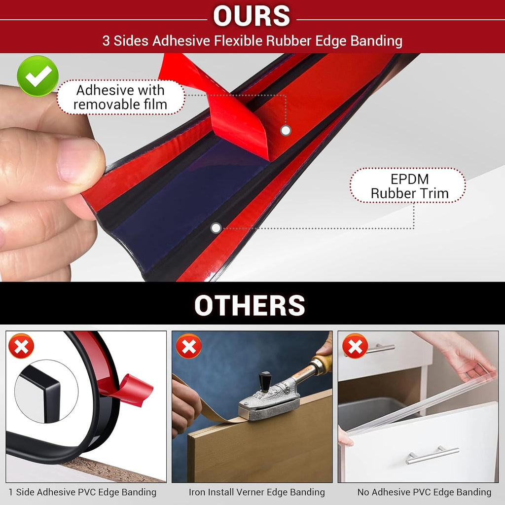 Rubber Edge Trim, Flexible Self-Adhesive U Shaped Peel and Stick Edge Banding, 1-3/8"(35mm) U Channel Edge Protector for Door Sides, Edge Guards for Woods, Furniture, 20Ft, Black Color