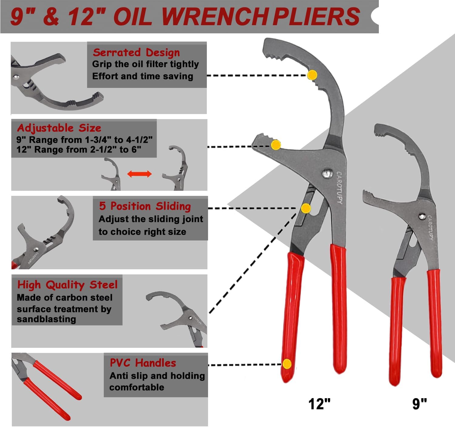 4Pcs Oil Filter Pliers Set, 3 Jaw Oil Filter Wrench With Oil Snap Funnel, 9" and 12" Oil Filter Pliers Adjustable From 1-3/4"-6"