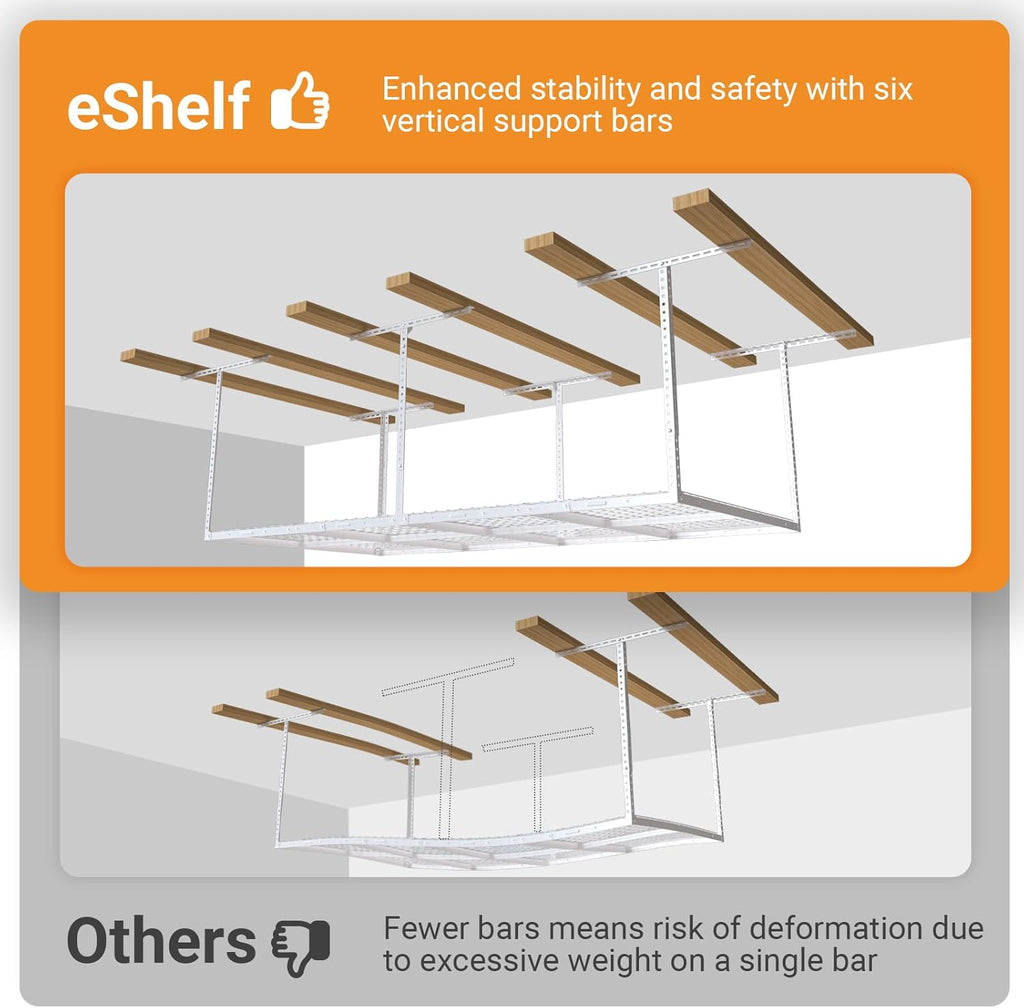 4ftx8ft Overhead Garage Storage Rack, Heavy-Duty Metal Garage Ceiling Storage Rack, 22''-40" Adjustable Ceiling Drop-Down, 600 lb. Loading Weight Capacity, White