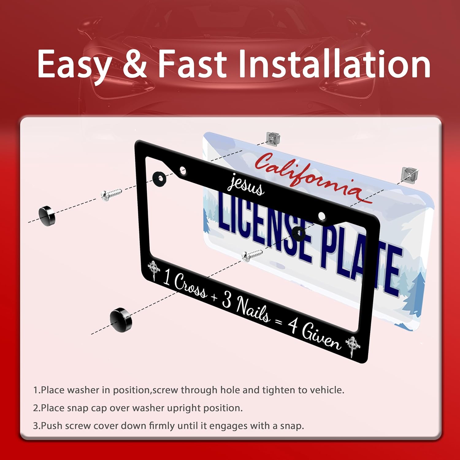 Personalized License Plate Frame Jesus 1 Cross + 3 Nails = 4 Given Stainless Steel Accessory Holder Funny Car Decorative 2 Holes Screws Fits Us Standard License Plates 12.2 X 6.3 in for Men Women