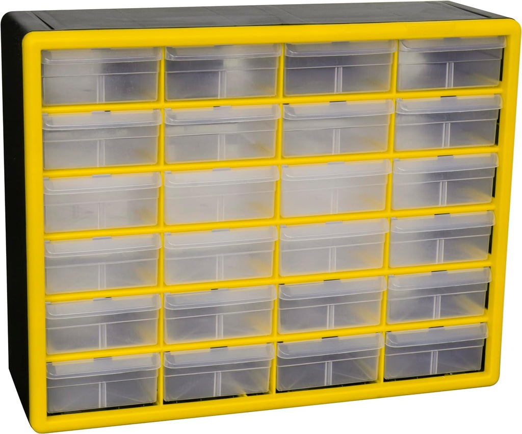 Akro-Mils 24-Drawer Plastic Drawer Storage Cabinet for Garage Organization, Bead Organizer, Building Bricks Storage, Teacher Toolbox, Makeup Organizer, 20-Inch W x 6-Inch D x 16-Inch H, 10124 Yellow
