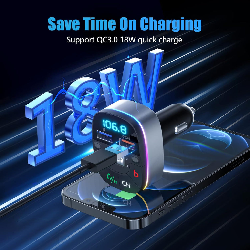 LENCENT Bluetooth Car Adapter, 5.0 Car FM Transmitter with QC3.0 Charger, AUX Bluetooth Radio Music, Wireless Dual Mics, Bass Sound, Cigarette Lighter, & HandsFree, Supports Siri & Google Assistant