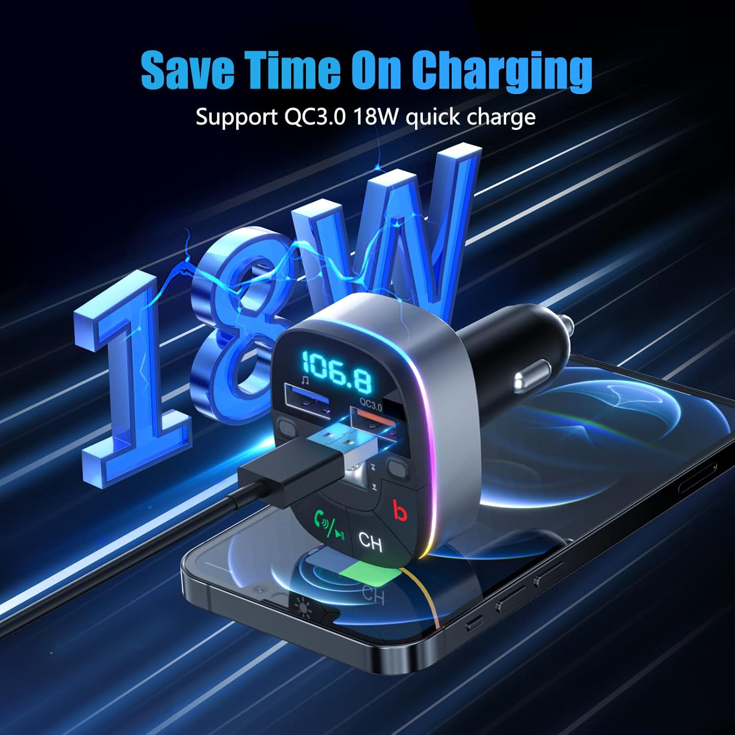 LENCENT Bluetooth Car Adapter, 5.0 Car FM Transmitter with QC3.0 Charger, AUX Bluetooth Radio Music, Wireless Dual Mics, Bass Sound, Cigarette Lighter, & HandsFree, Supports Siri & Google Assistant