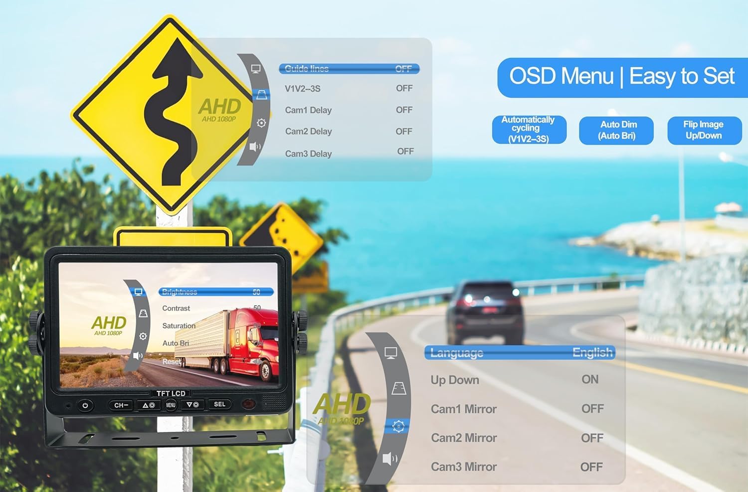 AHD 720P, Super Clear, 7" Wired Monitor Rear View Backup Camera System for Farm Tractor, Truck, RV, Forklift, Heavy Equipment, EXCAVTORS, Skid Steer