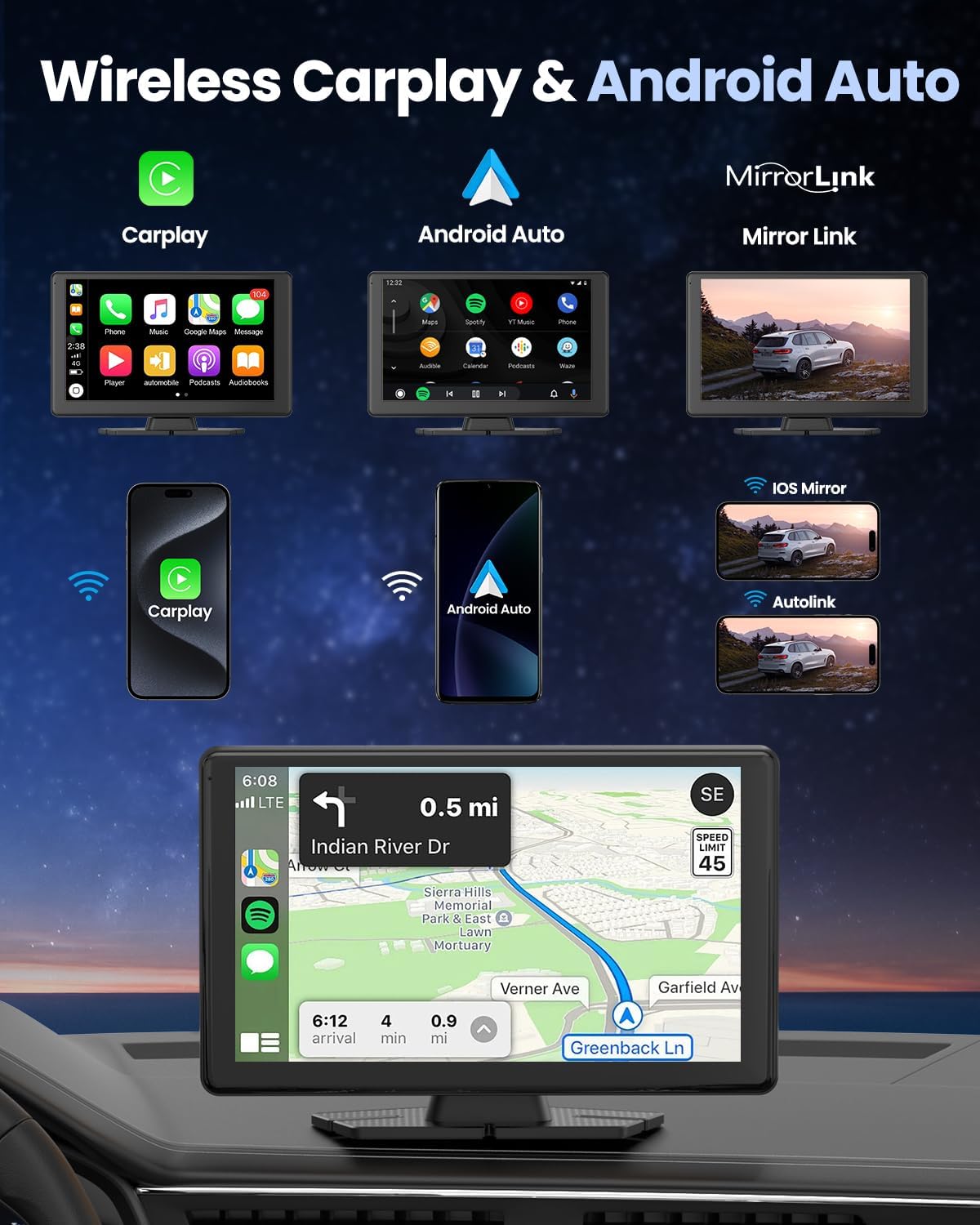 Portable Carplay Screen for Car 5K Dash Cam, 9" Wireless CarPlay & Android Auto Car Stereo, Car Audio Receivers with 1080p Backup Camera, Bluetooth/GPS Navigation/Voice Control/Mirror Link