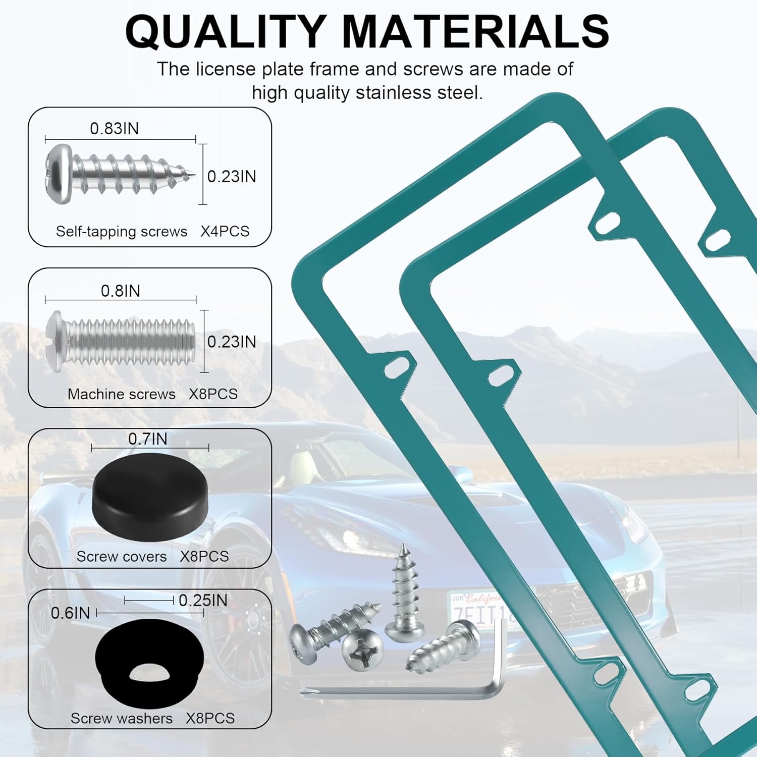 LivTee 4 Holes Stainless Steel License Plate Frames, 2 PCS Car Licence Plate Covers, Automotive Exterior Accessories Slim Design with Bolts Washer Caps for US Vehicles, Green