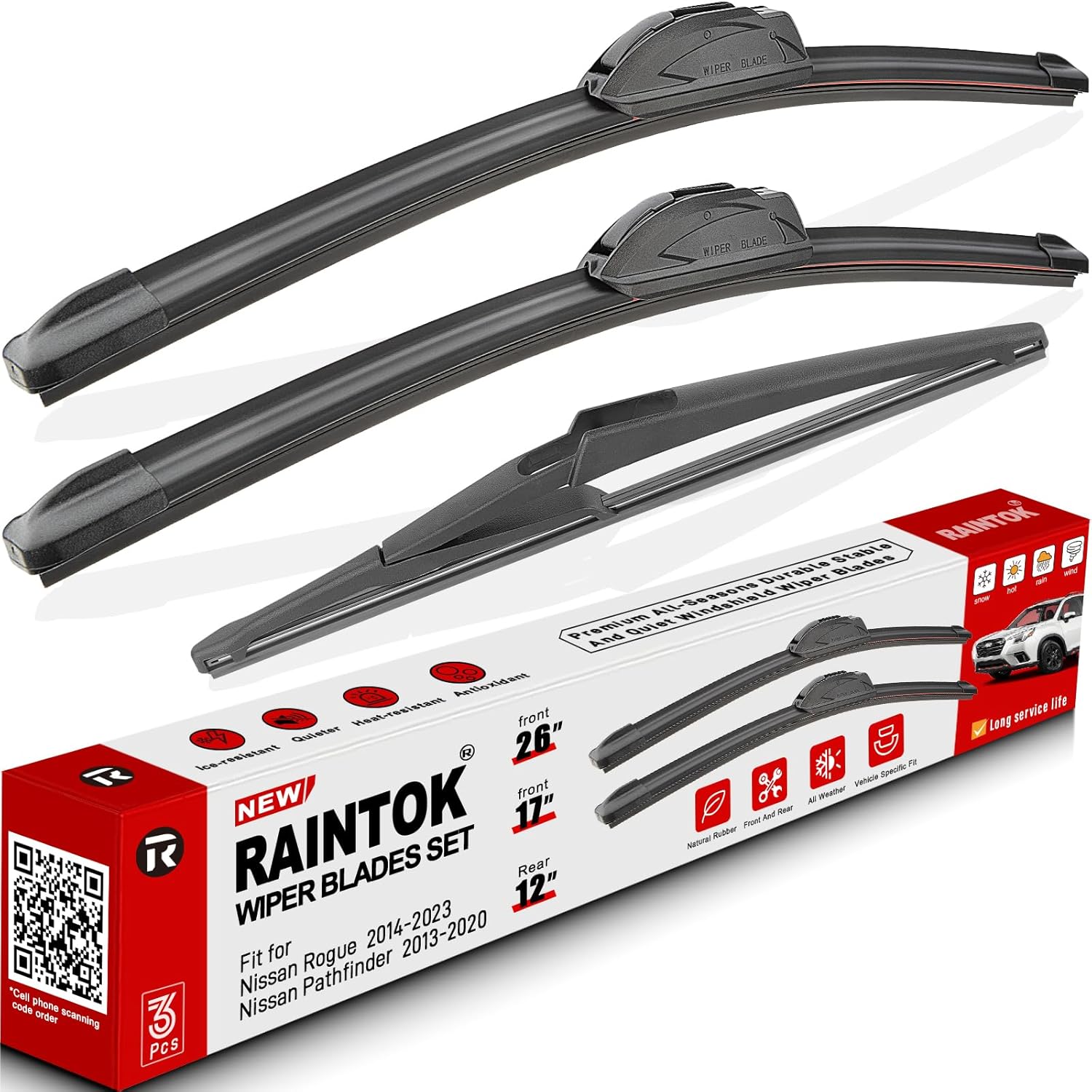 Windshield Wiper Blades Replacement for 2014-2023 Nissan Rogue / 2013-2020 Nissan Pathfinder Original Factory Quality Front Rear Wipers Blade Set for My Car - 26" 17" 12" (Pack of 3)