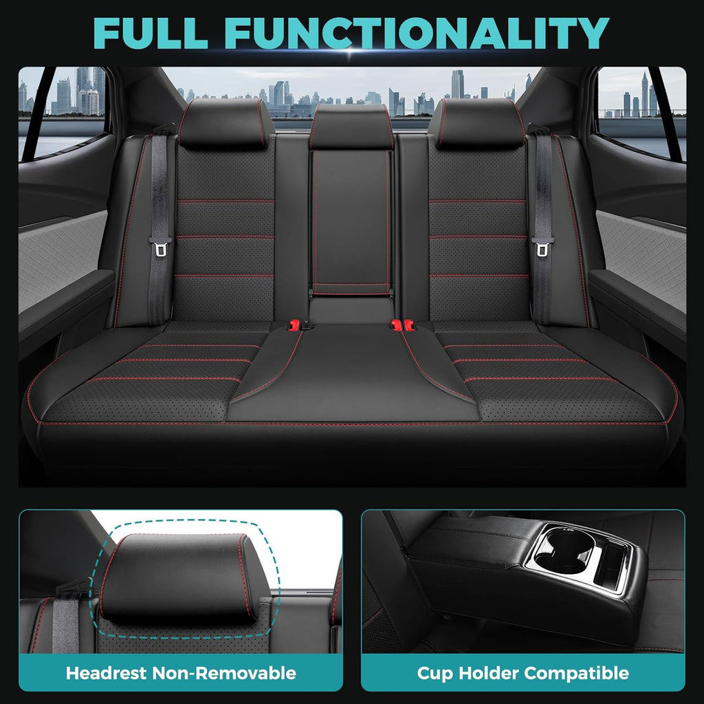 Leather Seat Covers for Toyota Camry 2025 LE SE Hybrid - Custom Fit Car Seat Cover Full Set, Luxury Waterproof Interior Accessories, Breathable Automotive Cushion Protectors, Black Red Trim