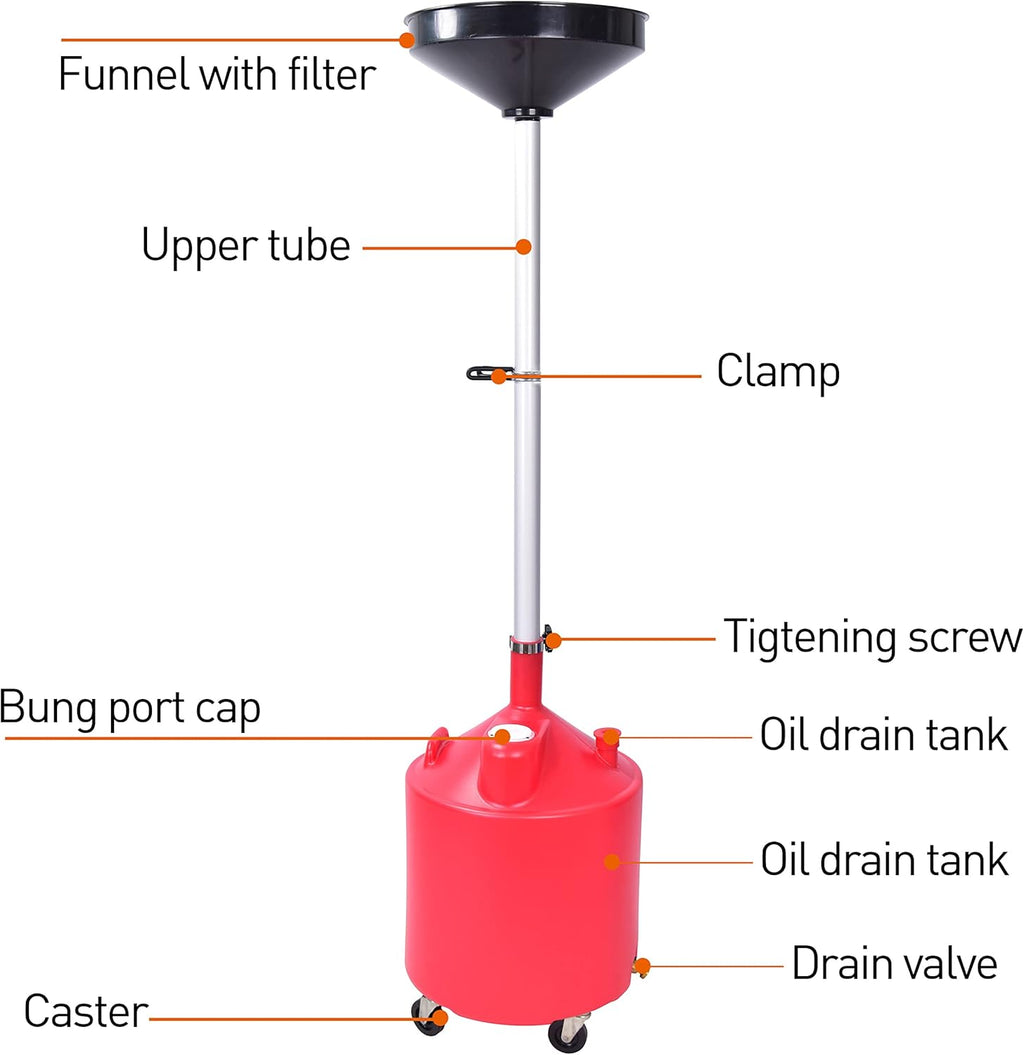 PONO Portable Waste Oil Drain Tank 18 Gallon with Steel Waste Oil Container, Adjustable Funnel Height, Oil Changing, Oil Dolly for Car Fluid Fuel Transfer Drainage