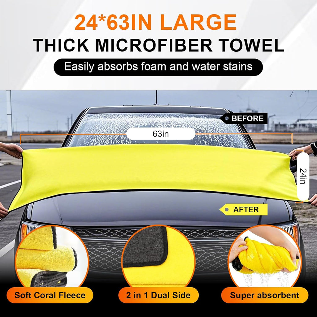 Car Wash Brush with Long Handle, 47" Car Wash Mop with Grip Handle, 2 Replaceable Microfiber Mop Heads and 1 24*63" Car Cleaning Towel for Car Washing, Truck, SUV, Boat, RV Roof