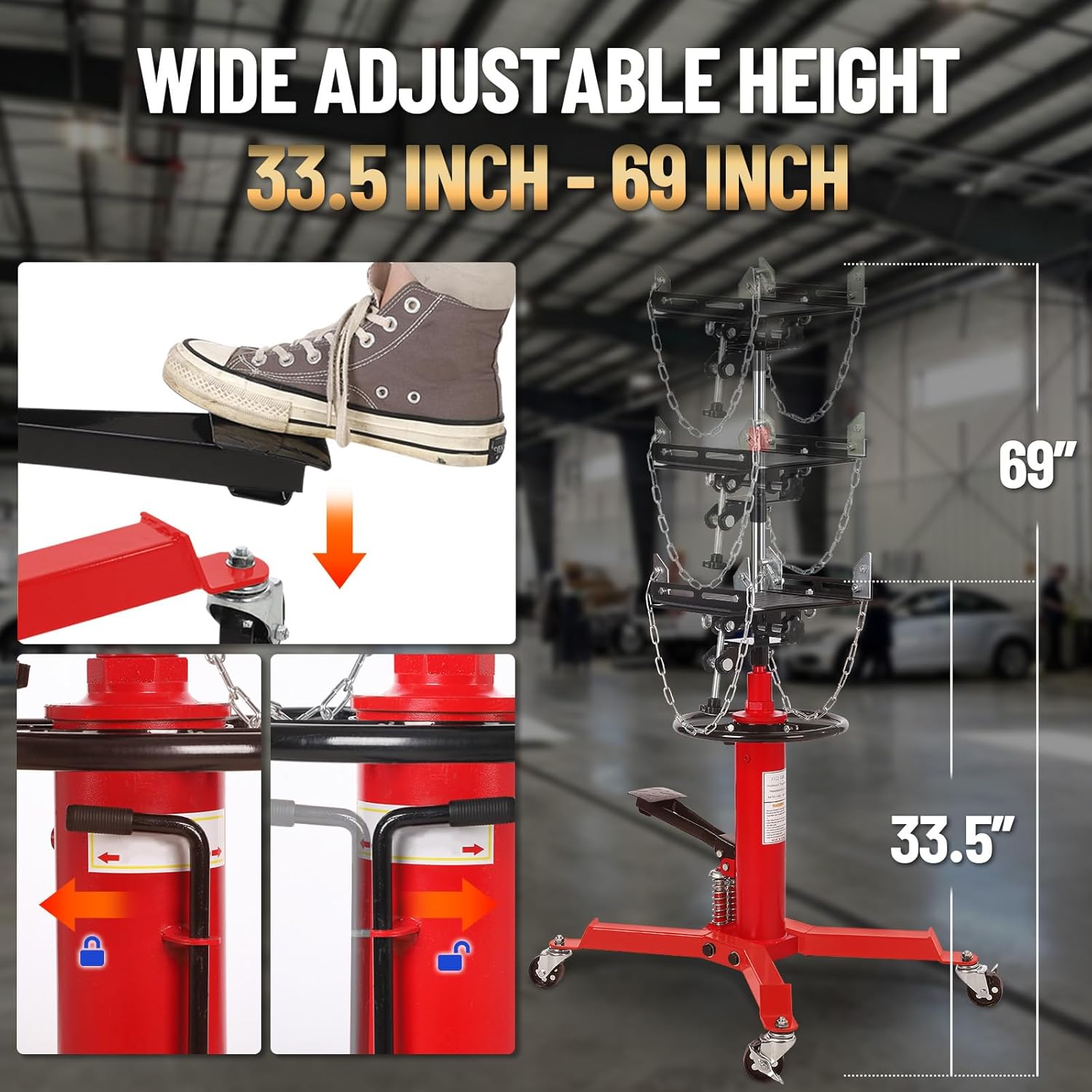 Transmission Jack with 2 Stage Hydraulic Ram, 1322 LBS Hydraulic Telescoping Transmission Jack with Foot Pedal & 360° Swivel Wheels, Heavy-Duty Garage/Workshop Jacks for Car/Truck Repairs, Red