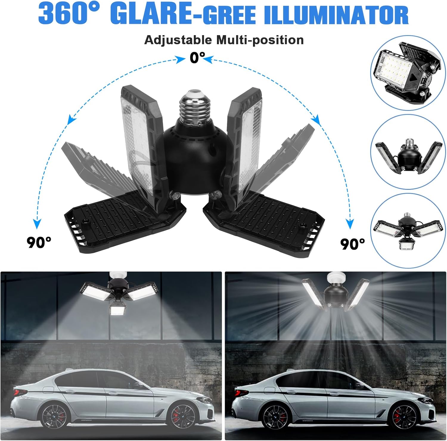 LED Garage Lights 2 Pack -80W, 8000LM 6500K Led Shop Light with 3 Deformable Panels, Basement Barn Light Garage Ceiling Lights, E26 for Garage, Warehouse, Shop, Basement