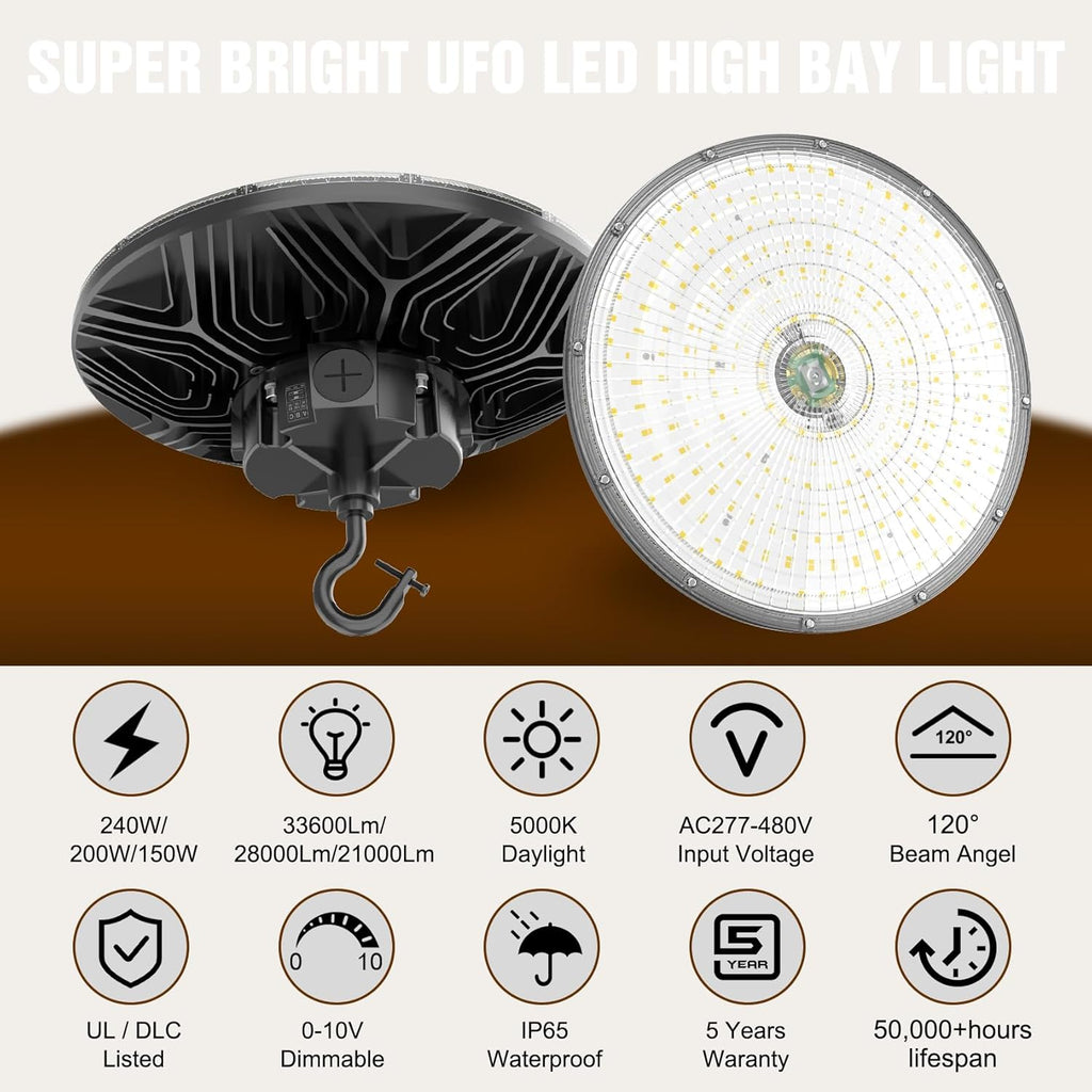 9 Pack 480V LED High Bay Light UL DLC Listed UFO Light 240W 200W 150W Adjustable, Dimmable High Bay LED Shop Lights 5000K Daylight, IP65 Commercial Bay Lighting for Warehouse Factory