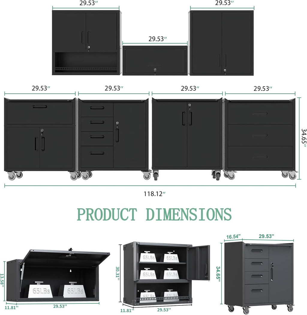 Metal Tool Cabinet,Garage Storage Cabinet System,Wall Cabinet & Locking Rolling Tool Cabinet with Doors and Adjustable Shelves,Steel Tool Cabinets for Home,Office (7 Pcs-StyleA, Black)