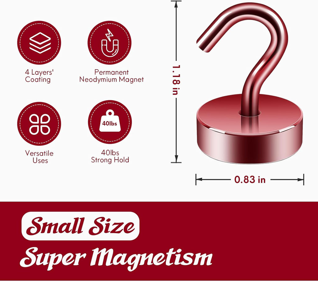 Neosmuk Magnetic Hooks, Cruise Ship Essentials, 40lb+ Heavy Duty Magnetic Hooks for Cruise Cabins, Refrigerator, Grill, Hanging, and Travel | Extra Strong Must-Haves Magnet Hook,Red,Pack of 10