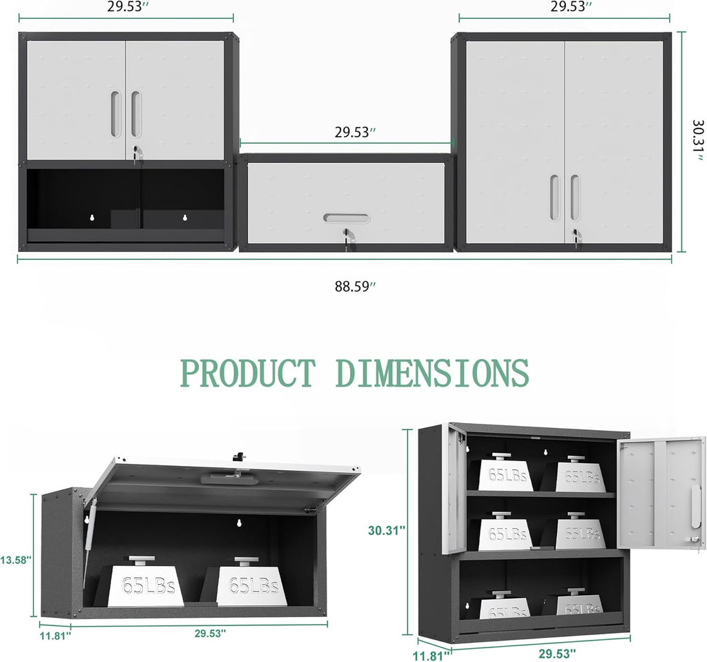 Metal Tool Cabinet,Garage Storage Cabinet System,Wall Cabinet & Locking Rolling Tool Cabinet with Doors and Adjustable Shelves,Steel Tool Cabinets for Home,Office (3 Pcs-StyleA, Black & Grey)