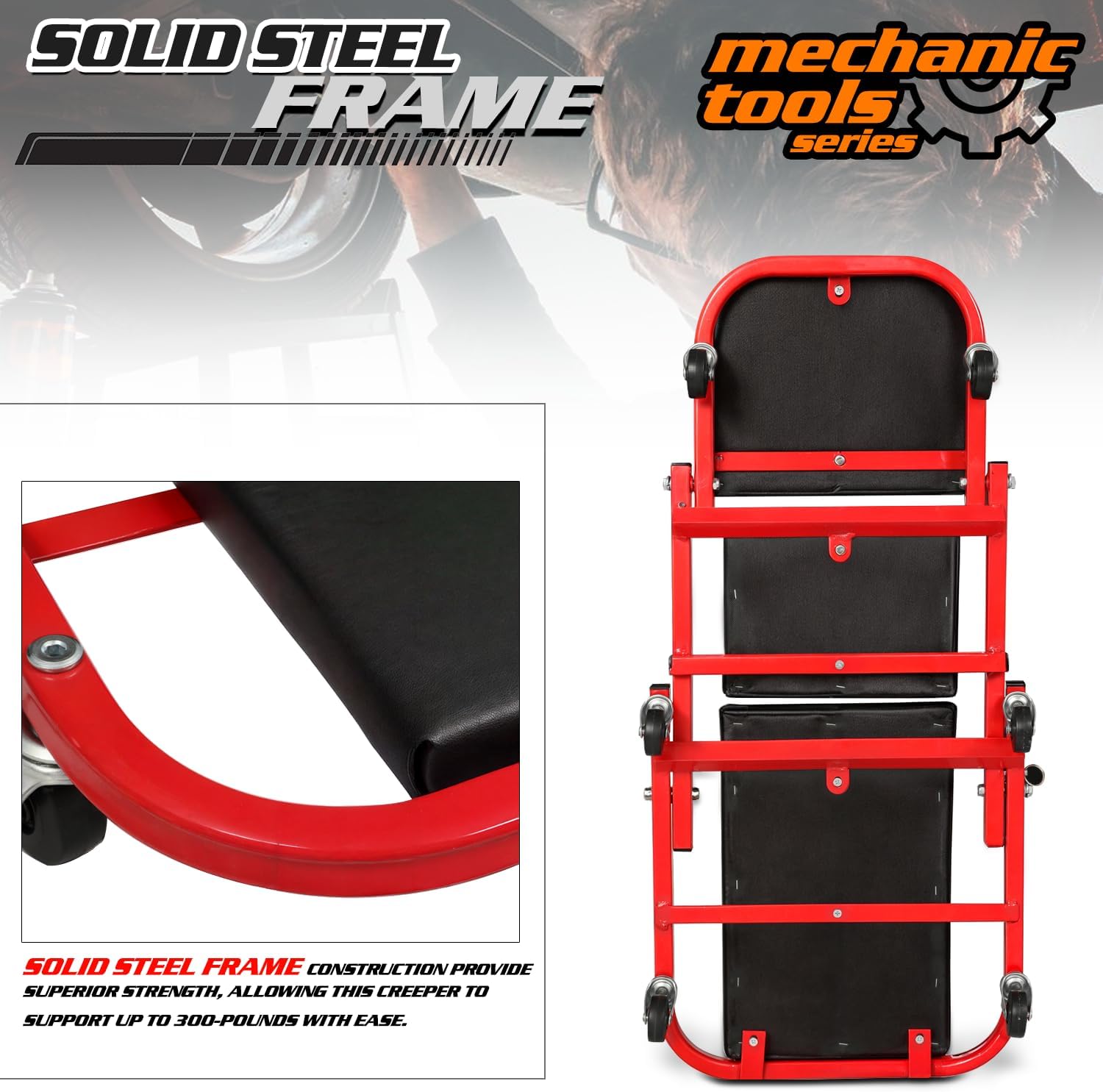 M-AUTO 40-Inch Folding Creeper Rolling Seat, All-in-One Adjustable Roller Garage Chair, Lay Down or Sit, 330LBS Capacity Under Car Roller Creeper with 6 Swivel Casters, Red