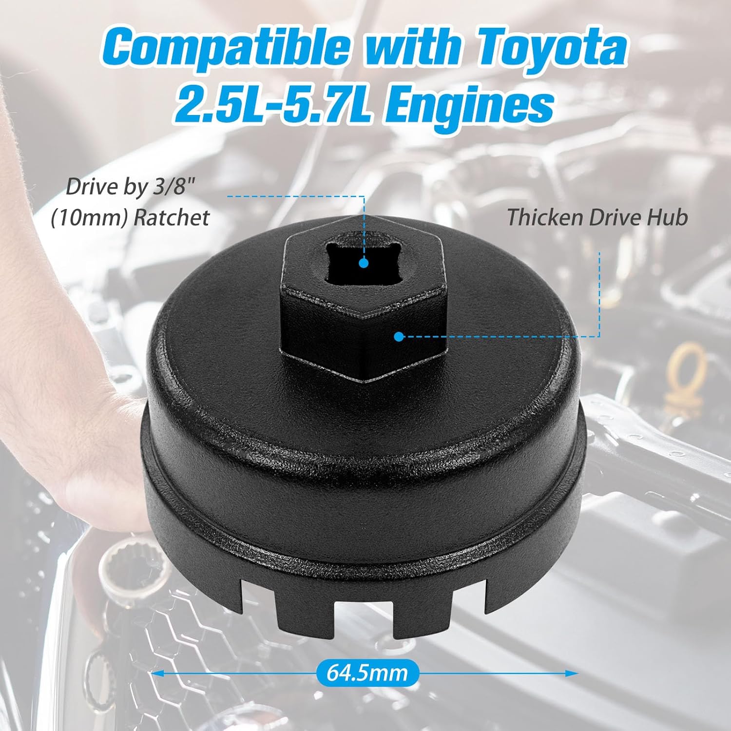 Heavy Duty Oil Filter Cap Removal Tool, 64mm 14 Flute Oil Filter Wrench, Compatible with Toyota, Lexus, Highlander (2.5L-5.7L Engines)
