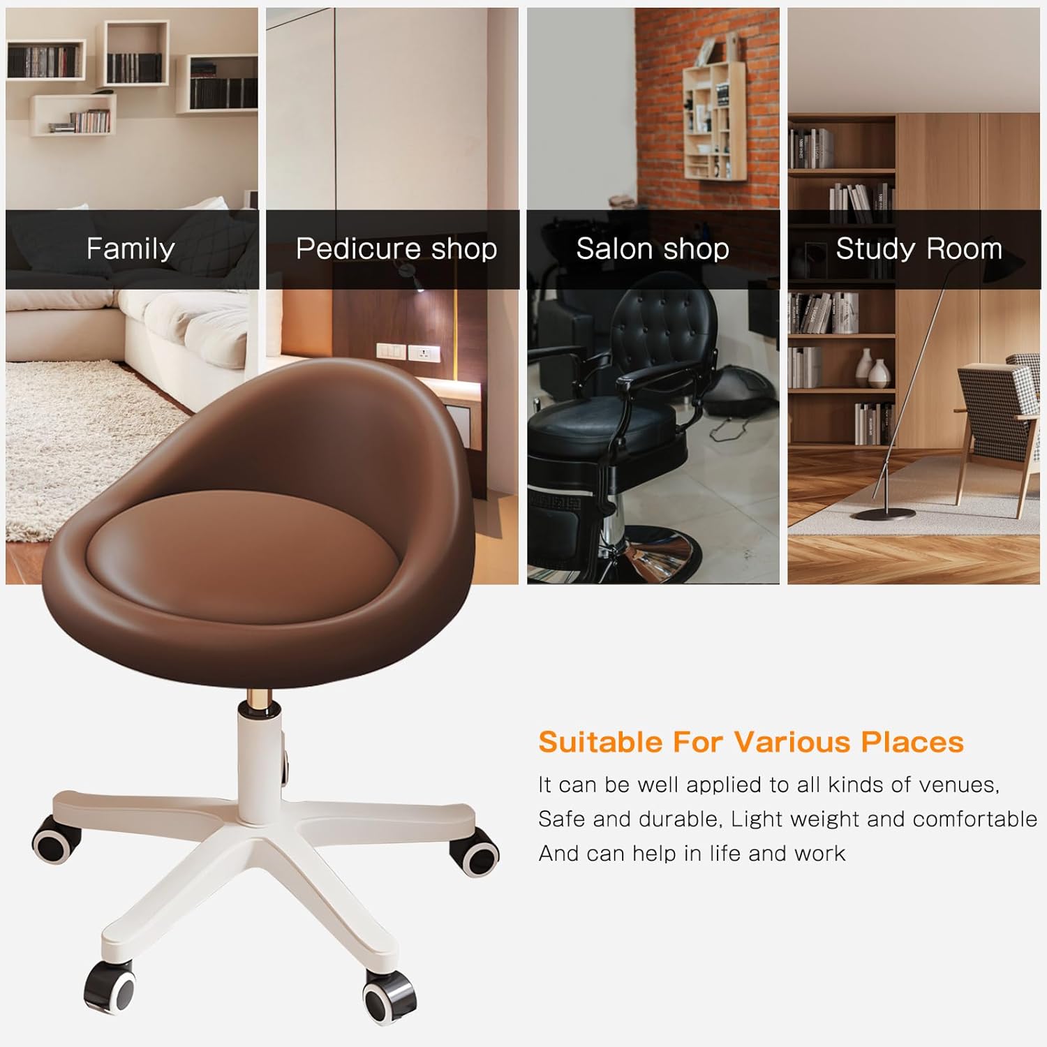 Rolling Stool Set of 4 Rolling Hydraulic Salon Stool with Low Backrest - Adjustable Swivel Chair for SPA, Shop, Salon, Massage, or Medical Office Brown