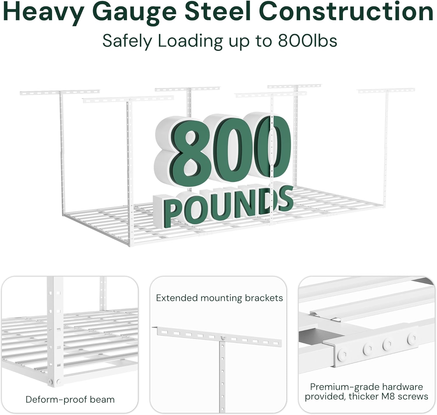 SunsGrove 2x8 Garage Storage Overhead Rack Organization, Adjustable Ceiling Mounted Storage Racks, 800LBS Weight Capacity, 22"-40" Ceiling Dropdown, White