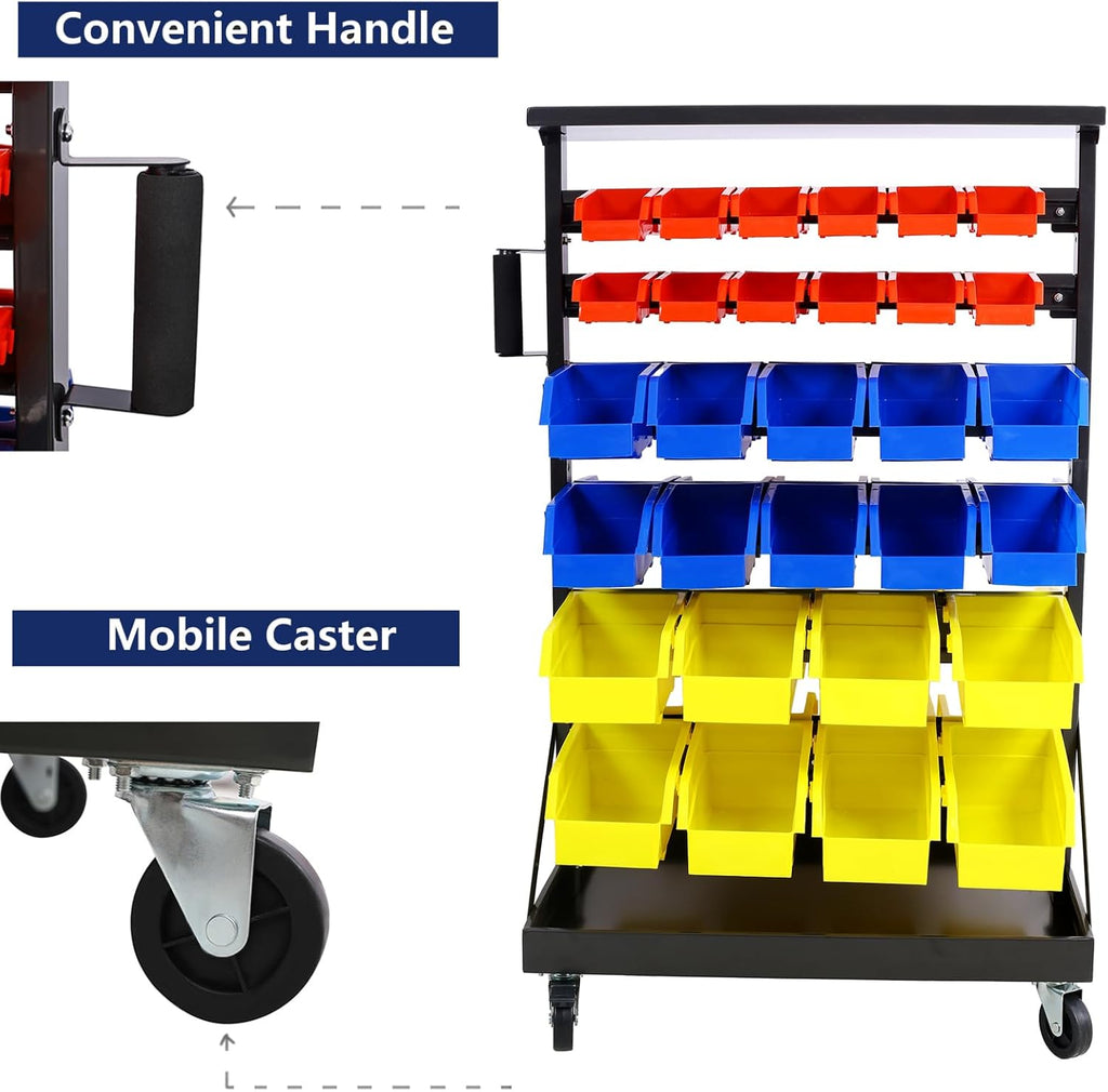 60 Parts Bin Rack Garage Storage Unit 6 Tiers System Steel Shelf with Portable Wheels, Mobile Tool Organizer Plastic Bins, for Men Birthday Gift (6 Tiers)
