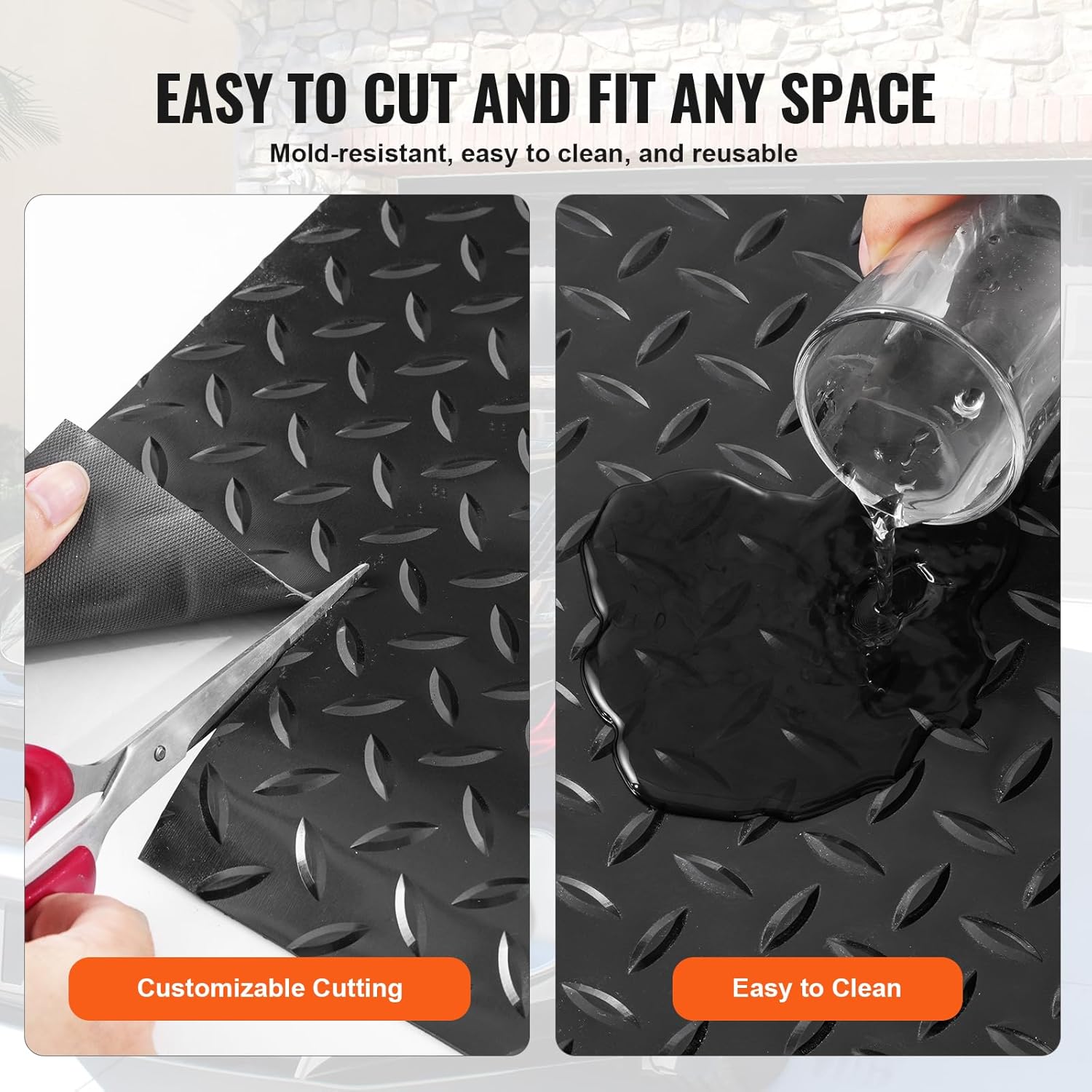 VEVOR Garage Floor Mats, 2 Rolls x 17 x 3.6 Ft PVC Garage Flooring Roll, Non-Slip Diamond Texture, 123.14 sq.ft Covering Space, Black Garage Mats for Under Cars, Garage Industry Gym