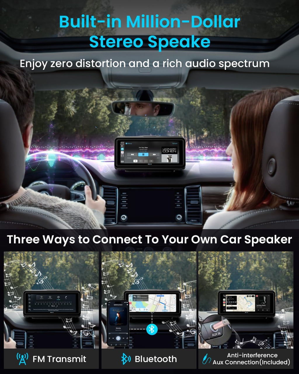 Portable Apple Carplay Screen for Car, Touch Screen with Wireless Android Auto, Car Audio Receivers with Voice Control, Mirror Link, Music Play, GPS Navigation, Built-in Customized Speakers (Black)