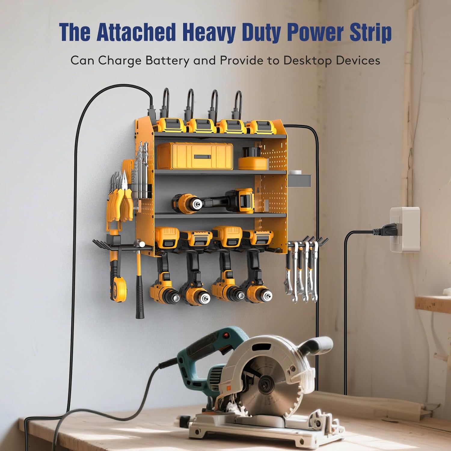 Heavy Duty Power Tool Organizer Wall Mount with Charging Station, 4 Layer Garage Storage Adjustable Shelves Height, Holds 4 Drills, 2 Hooks, Screw & Screwdriver box, Gifts for Fathers Day, Anniversary