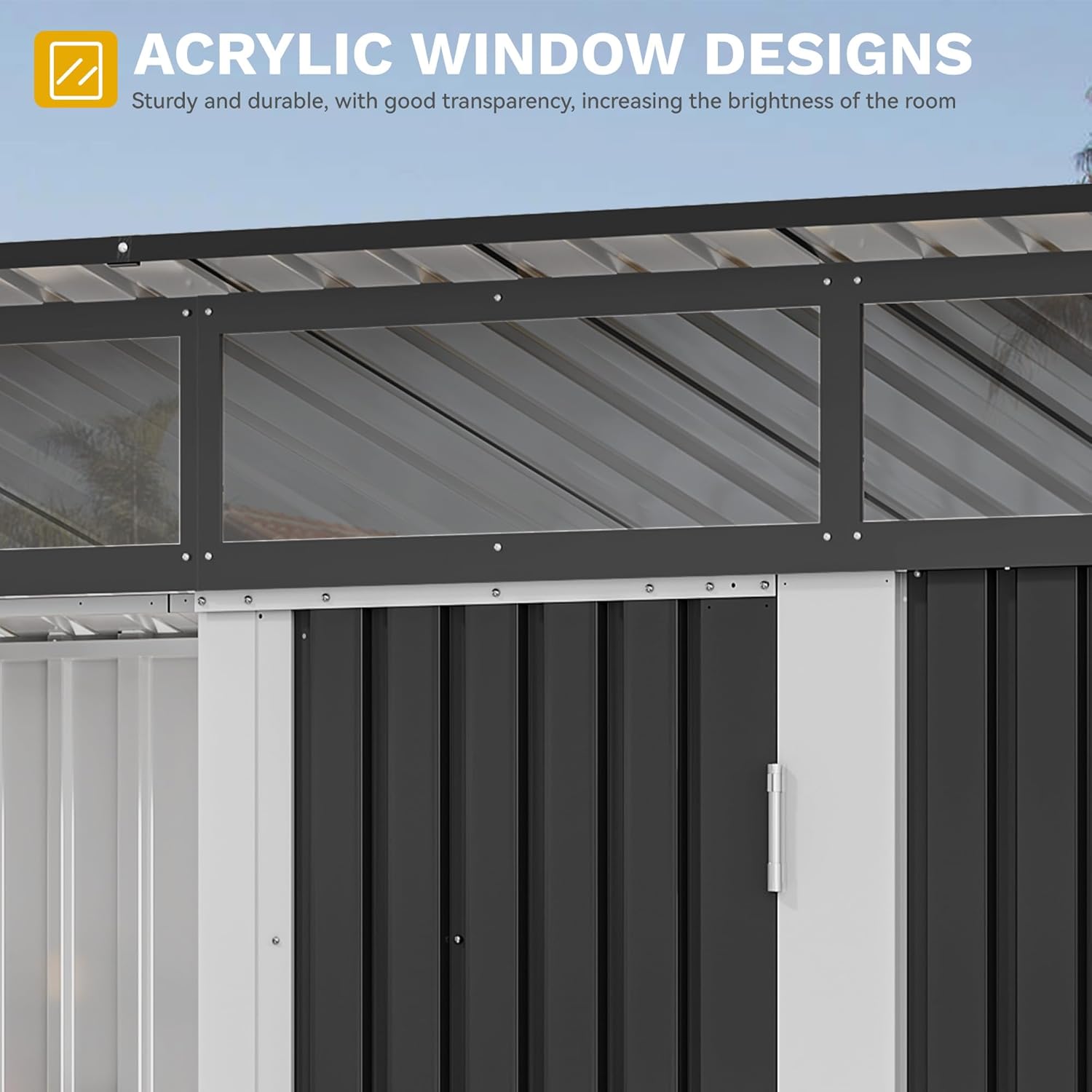 DWVO 9x4 FT Outdoor Storage Shed with Acrylic Windows, Utility Tool Shed Metal Storage Garden Shed with Door & Lock for Bike Storage, Waterproof Trash Shed for Backyard Garden Patio, Dark Dray