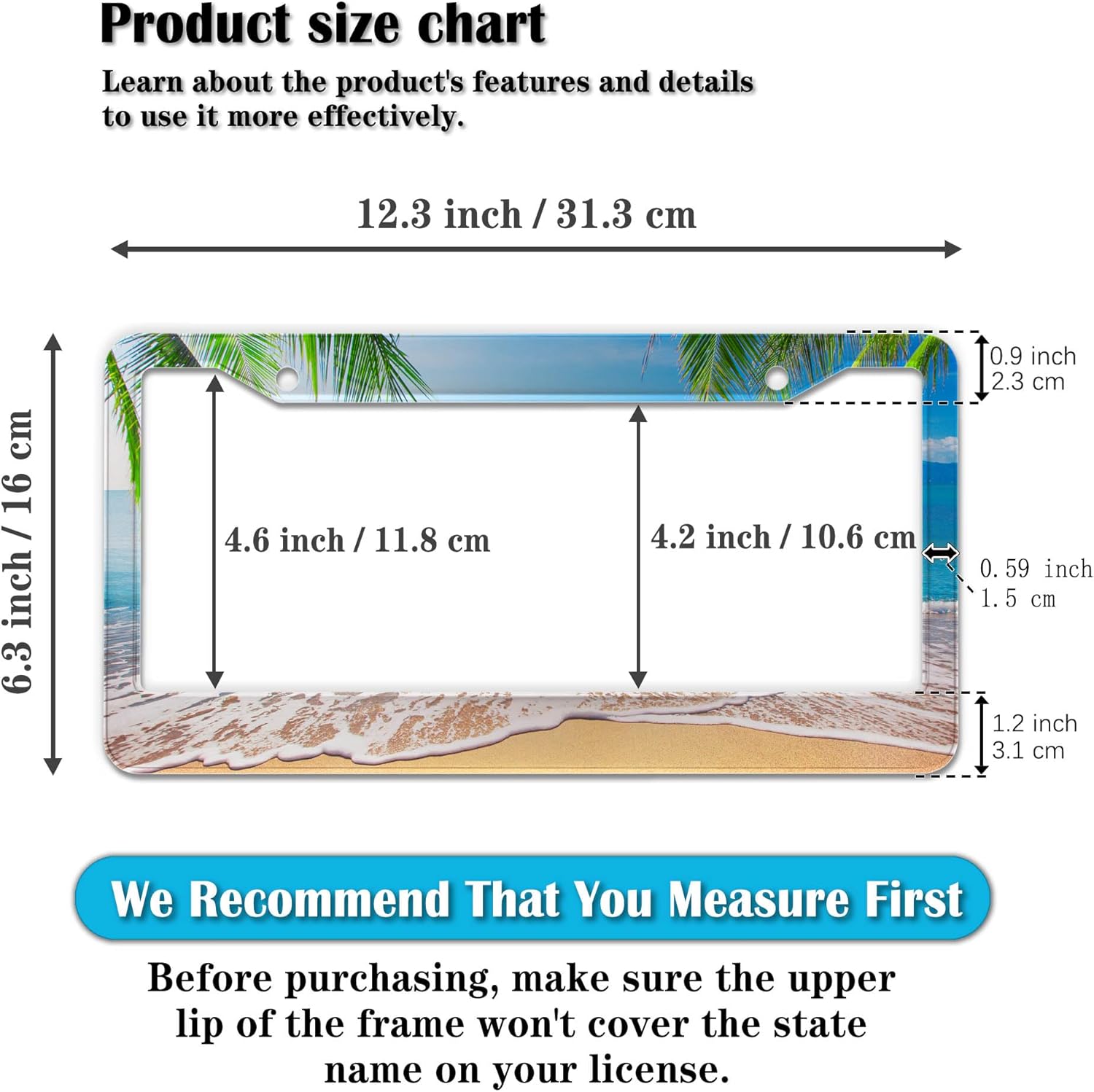 License Plate Frame Multicolor License Plate Holder Palm Trees with Tropical Ocean Beach Scene Aluminum Metal Car Accessory 2 Pack with Screw Covers Set