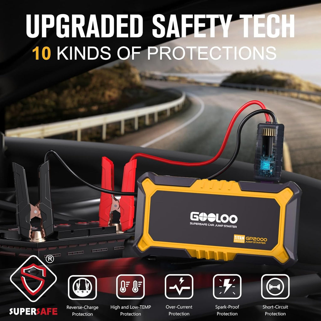 GOOLOO New GP2000 Jump Starter 2000A Car Starter Battery Pack (Up to 8.0L Gas, 6.0L Diesel Engine),12V Car Battery Charger Jumper Starter, Supersafe Portable Lithium Jump Box with USB Quick Charge