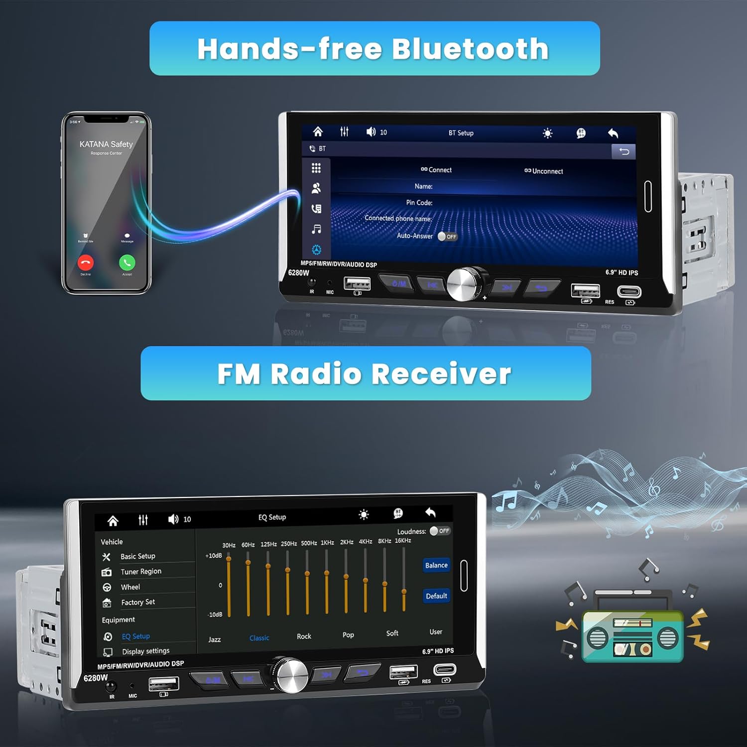 6.9 Inch Single Din Car Stereo with Wireless Carplay Android Auto, HD Touchscreen Radio Receiver with Bluetooth5.0 Audio FM/RDS EQ SWC Mirror Link USB/Type-C Port Backup Camera
