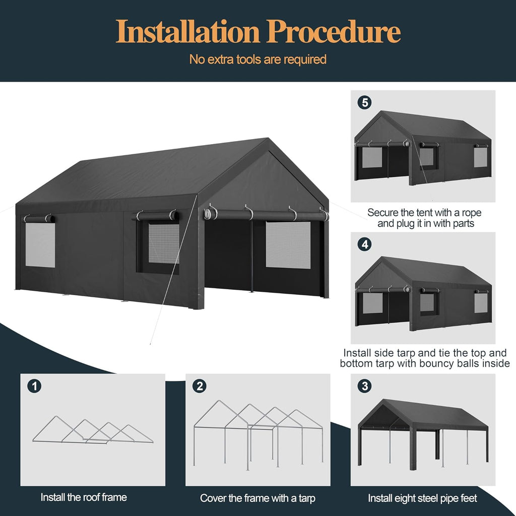Shintenchi Carport 12' x 20' Heavy Duty Portable Garage, Car Port Canopy with Side-Opening Removable Door & Roll-Up Windows, Car Canopy for Truck,Car,Boat,Motorcycle,Grey